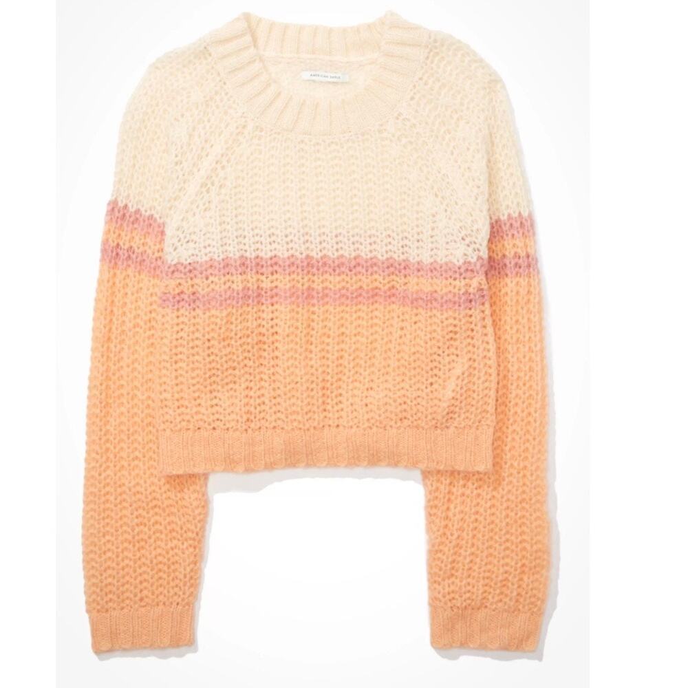 American Eagle Crochet Knit Sweater Orange  Sm Fair Isle Long Sleeve Boho Wool - Picture 2 of 7